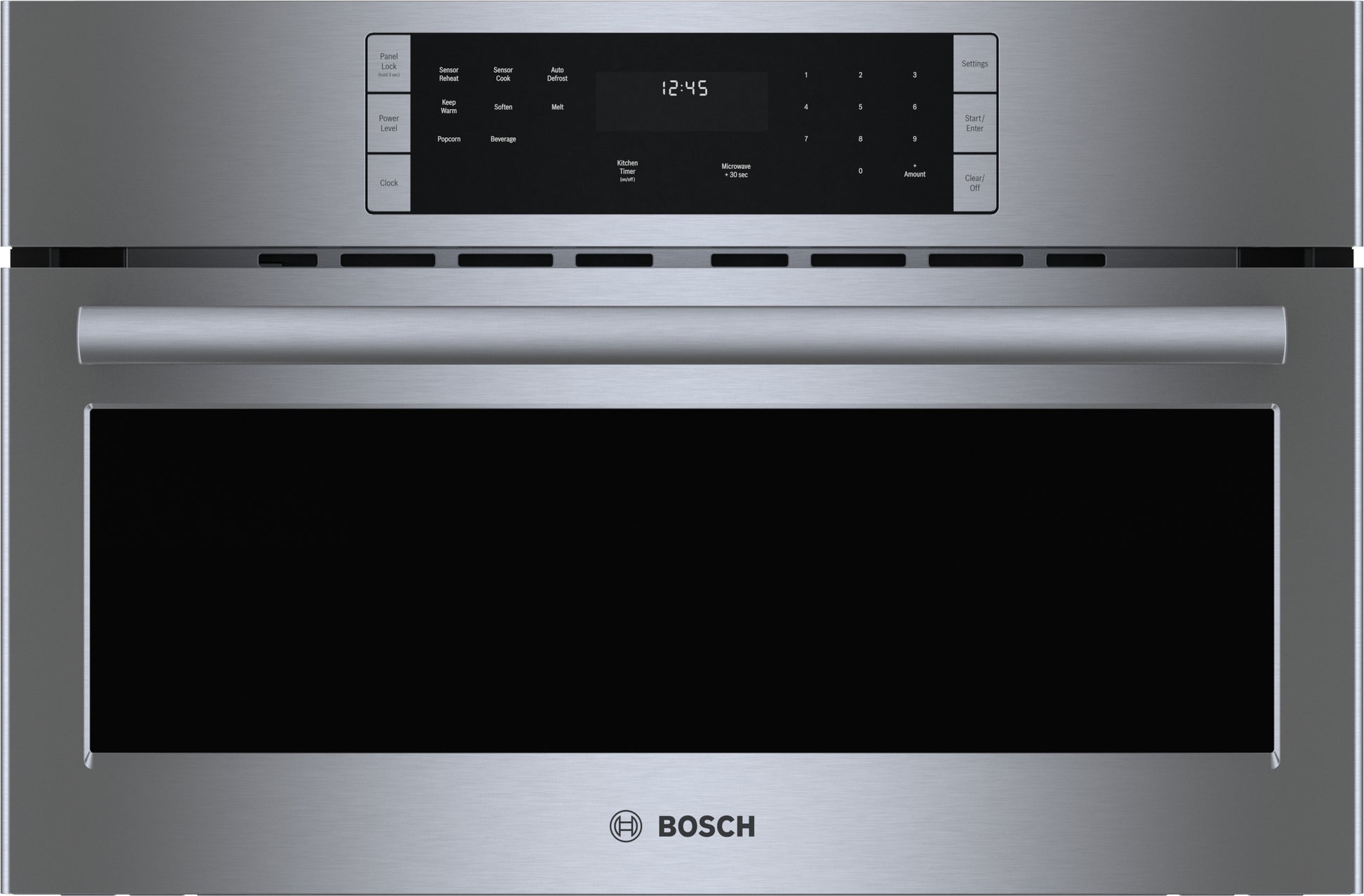 Stainless steel built-in microwave oven with digital control panel and sleek horizontal handle for modern kitchens