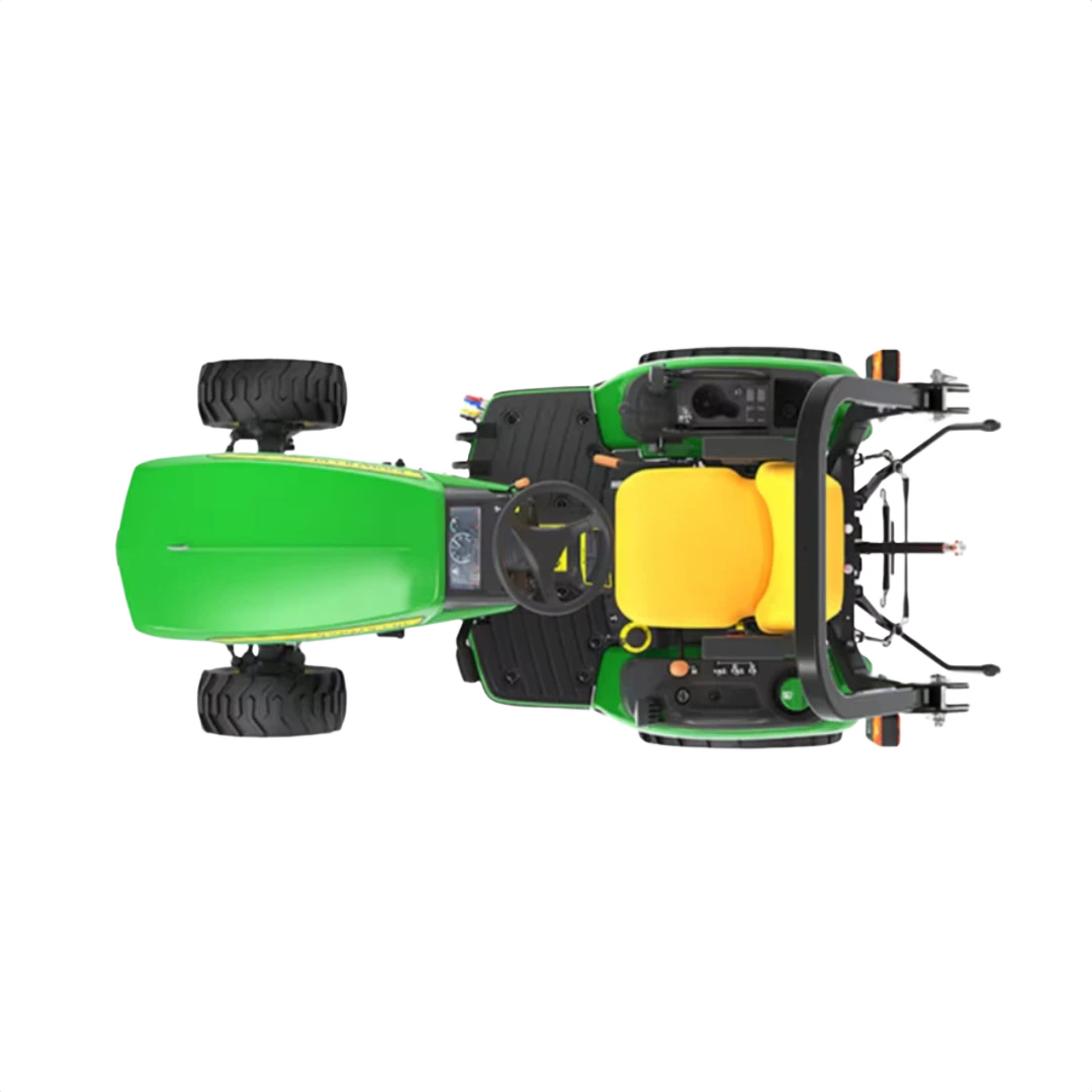 Top-down view of green sub-compact utility tractor with yellow seat and rollover protection bar for outdoor tasks