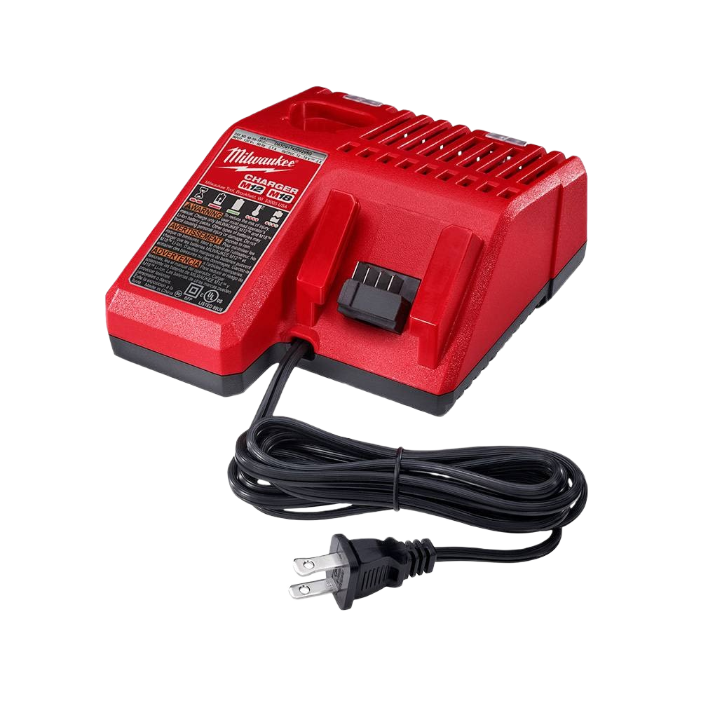 Red Milwaukee battery charger with cord and plug for power tool batteries in home improvement projects