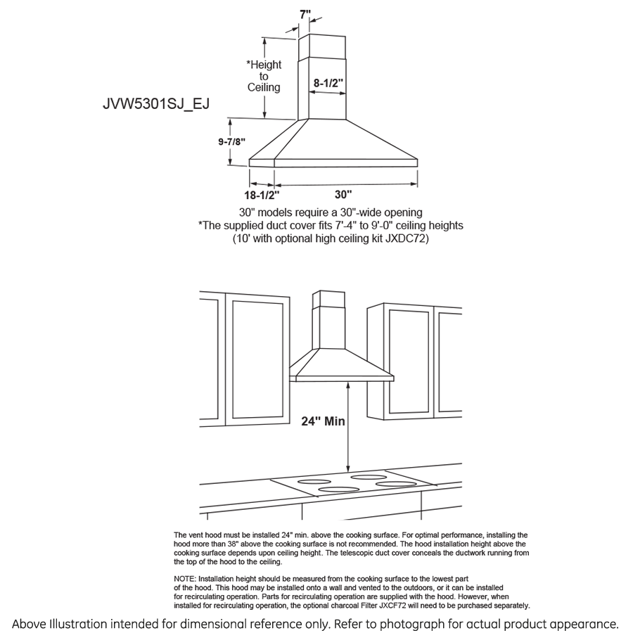 Technical diagram illustrating dimensions and installation guidelines for a 30-inch wall-mount pyramid chimney hood in kitchen appliances collection.
