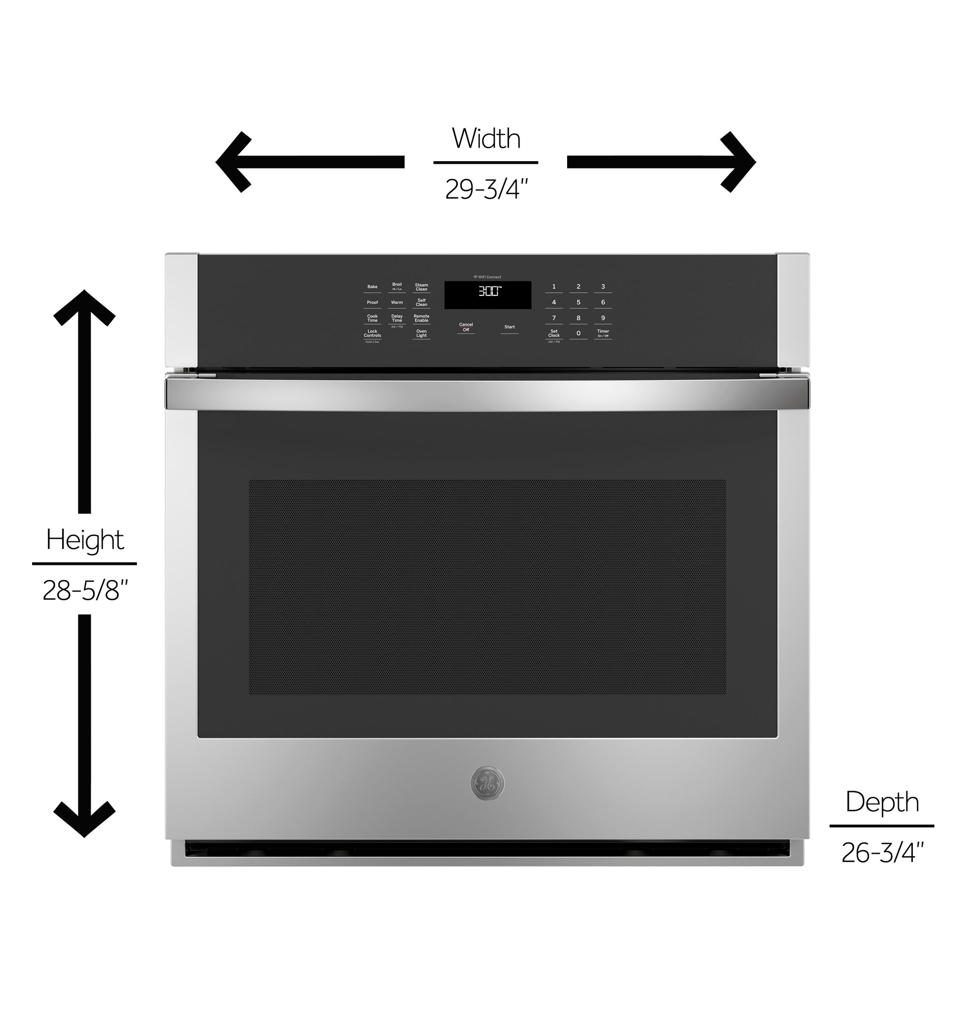 Front view of stainless steel smart built-in single wall oven with digital control panel and installation dimensions diagram