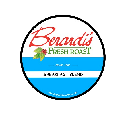 Round coffee bag label with Berardi's Fresh Roast logo and Breakfast Blend text on blue and white background