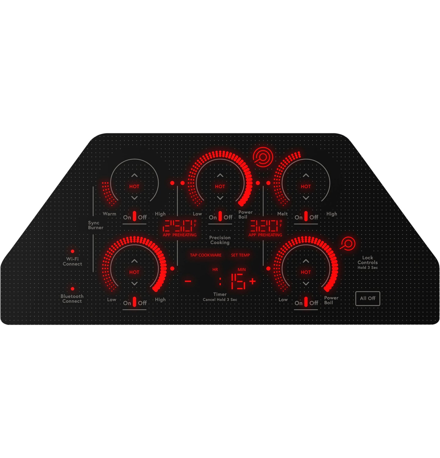 Black touch-control electric cooktop with five burners and red digital display in electric cooktops collection