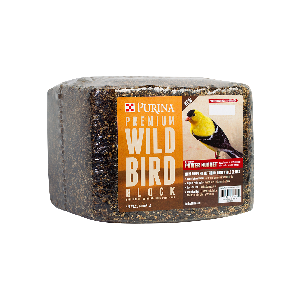 Rectangular block of premium wild bird food with visible seeds and a label featuring a yellow bird for outdoor feeding.