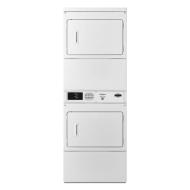 White commercial gas stack dryer with dual front-loading doors and control panel in appliance collection