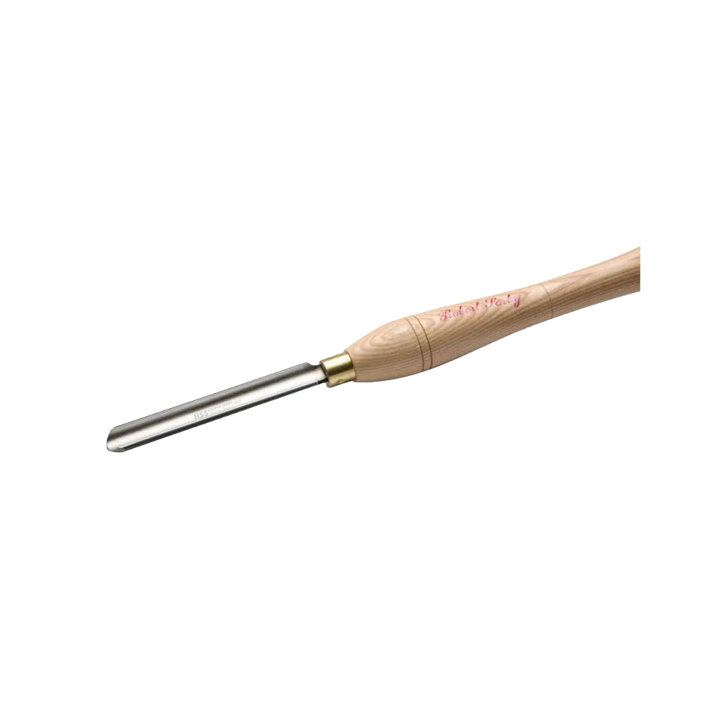 Woodturning spindle gouge with a polished steel blade and smooth wooden handle in woodworking tools collection