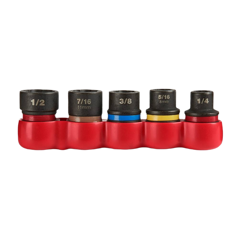 Set of five impact duty extractors with color-coded bands organized in red holder for tools and home improvement use