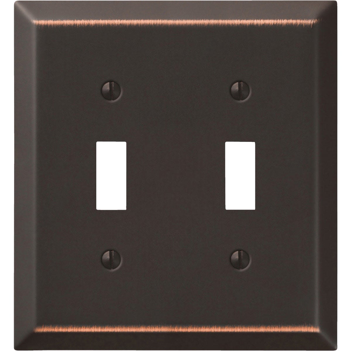 Aged bronze stamped steel 2-gang toggle switch wall plate with visible mounting screws for home improvement use