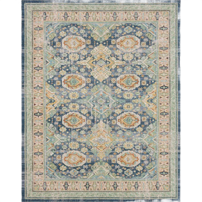 Traditional patterned rug with muted blue, green, and orange tones and intricate border design for home decor