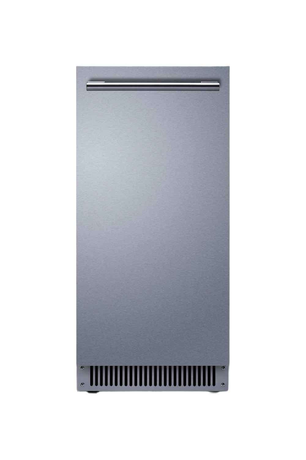 Built-in clear icemaker with stainless steel finish and horizontal handle, designed for under-counter installation in kitchen and appliances collection.