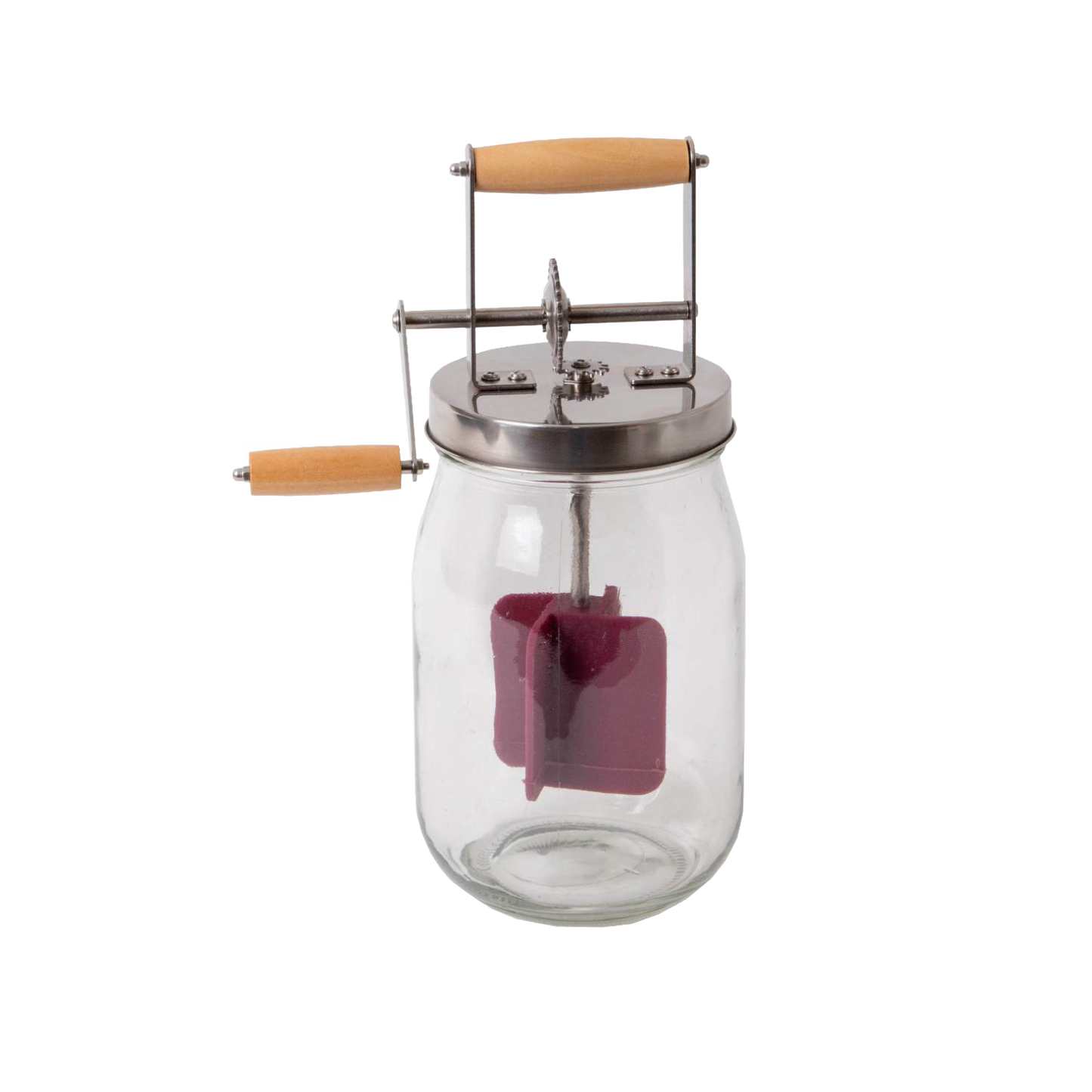 Mini manual butter churn with glass jar, stainless steel mechanism, and wooden handles for kitchen gadgets and tools collections
