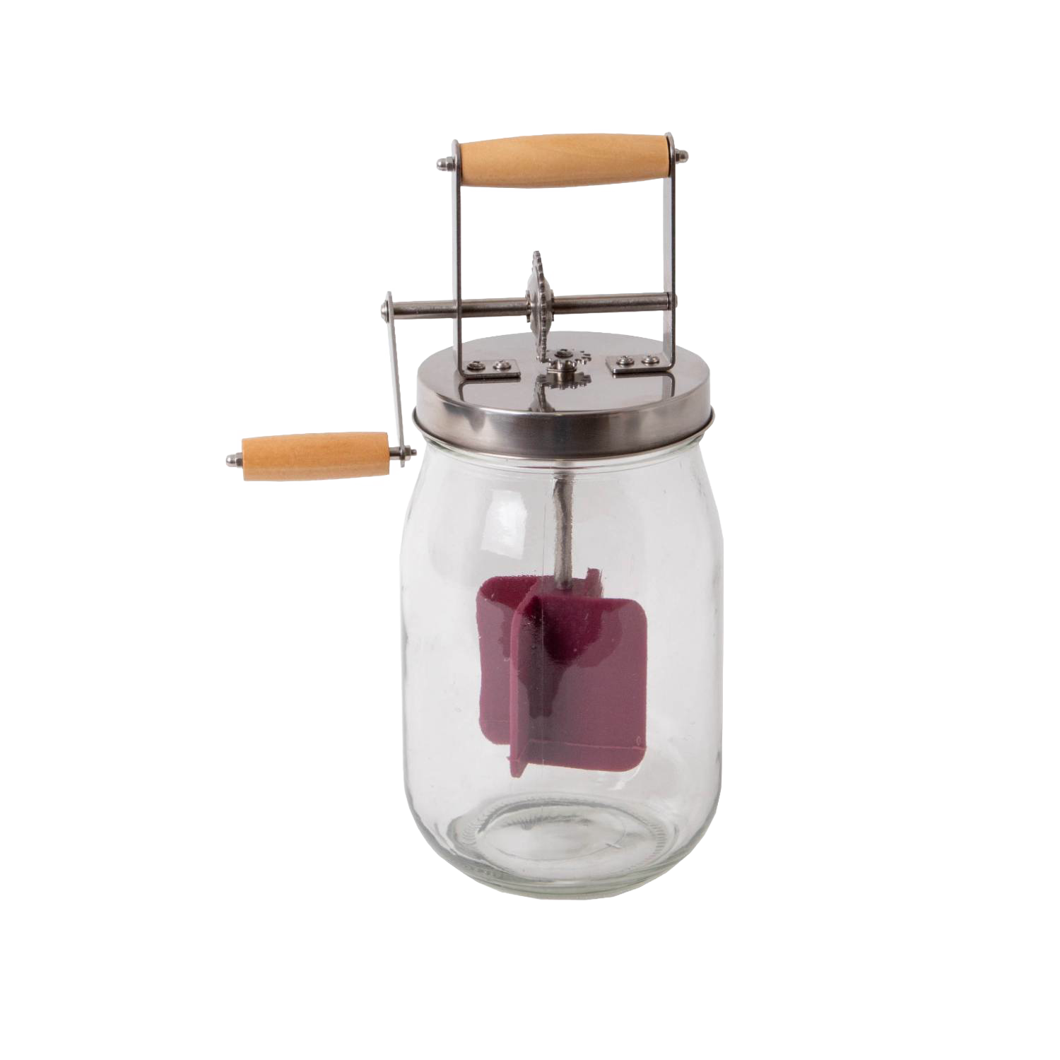 Mini manual butter churn with glass jar, stainless steel mechanism, and wooden handles for kitchen gadgets and tools collections
