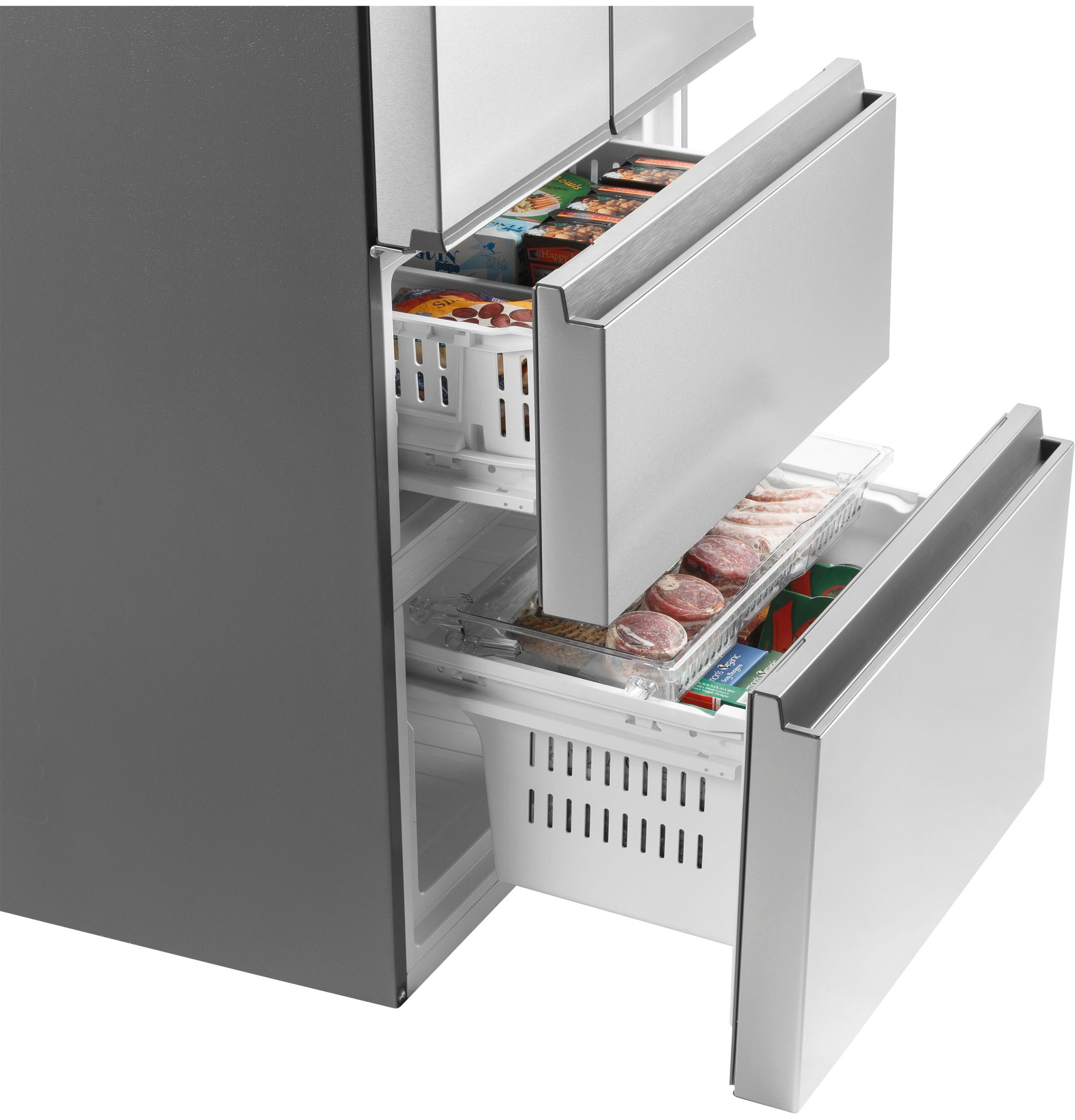 Bottom freezer drawers open revealing organized frozen food storage in modern kitchen refrigerator from appliances collection