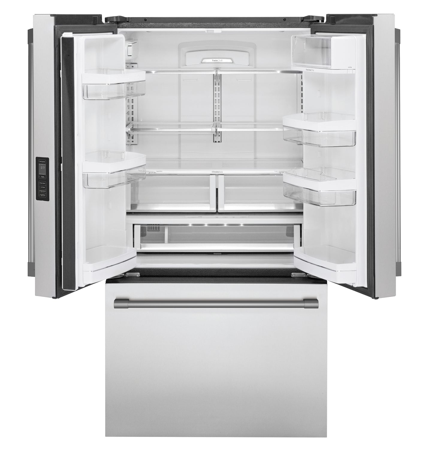 Open stainless steel French-door refrigerator with spacious adjustable shelves and bottom freezer drawer in kitchen appliance collections