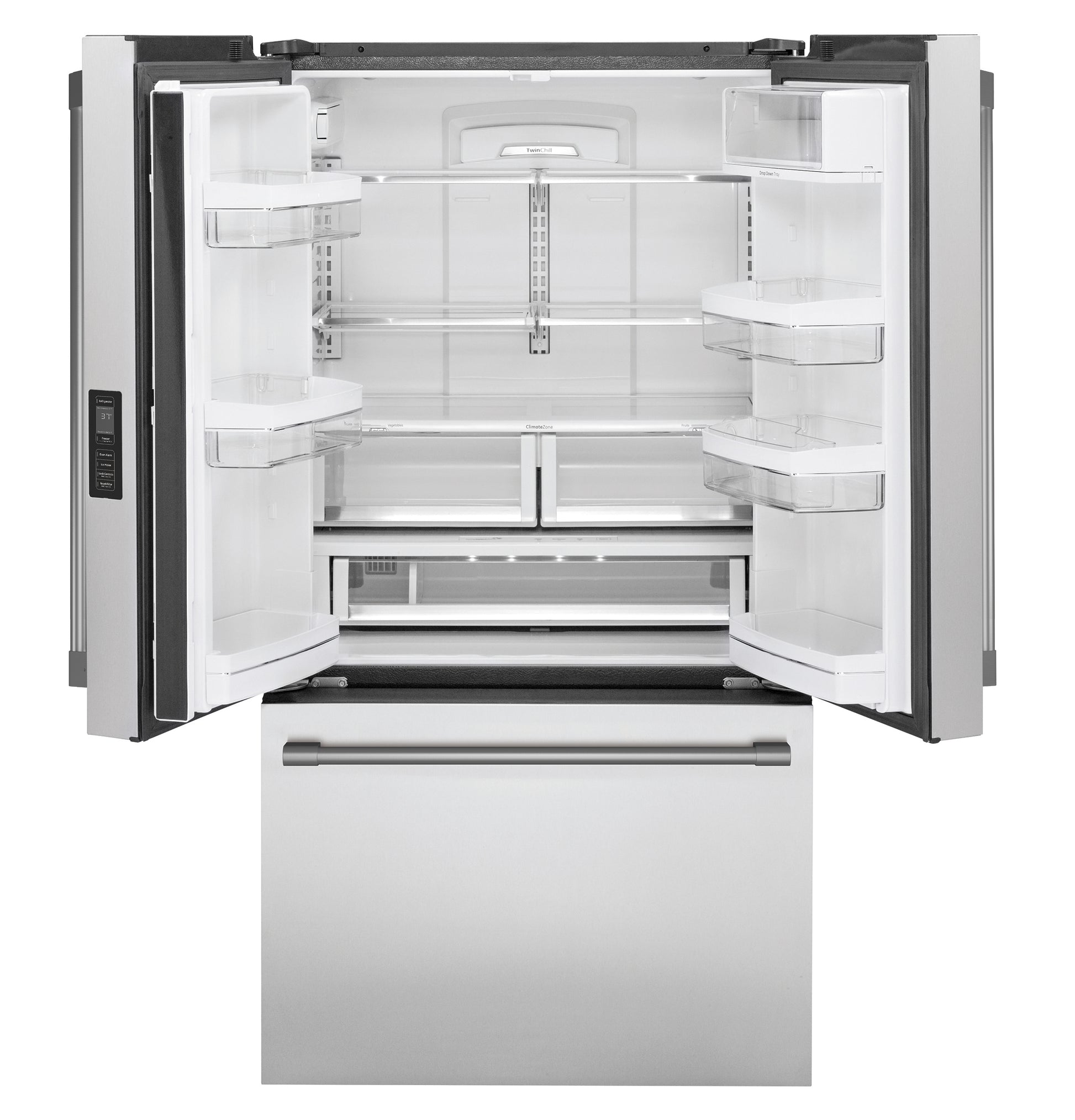 Open stainless steel French-door refrigerator with spacious adjustable shelves and bottom freezer drawer in kitchen appliance collections