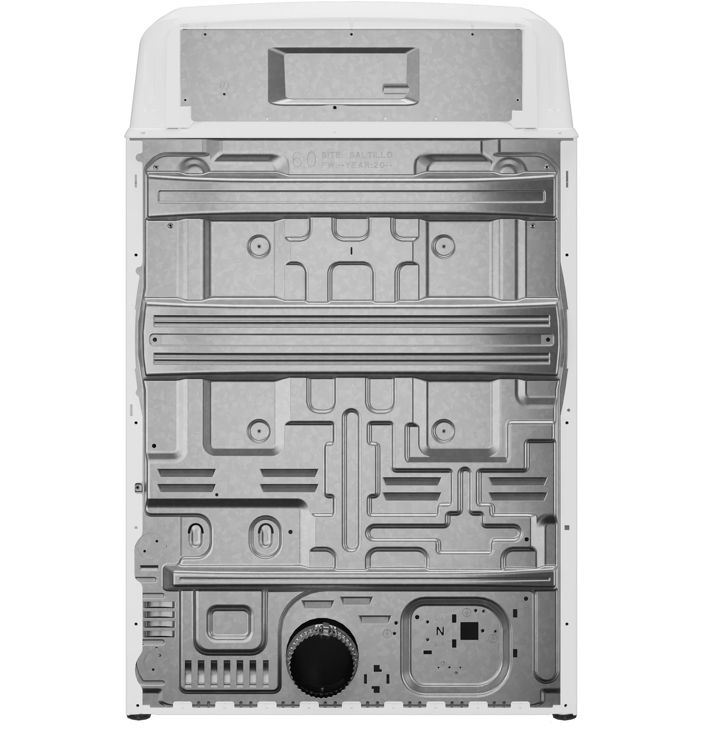 Back panel of a GE electric dryer showing metal frame and venting components for home appliance installation.