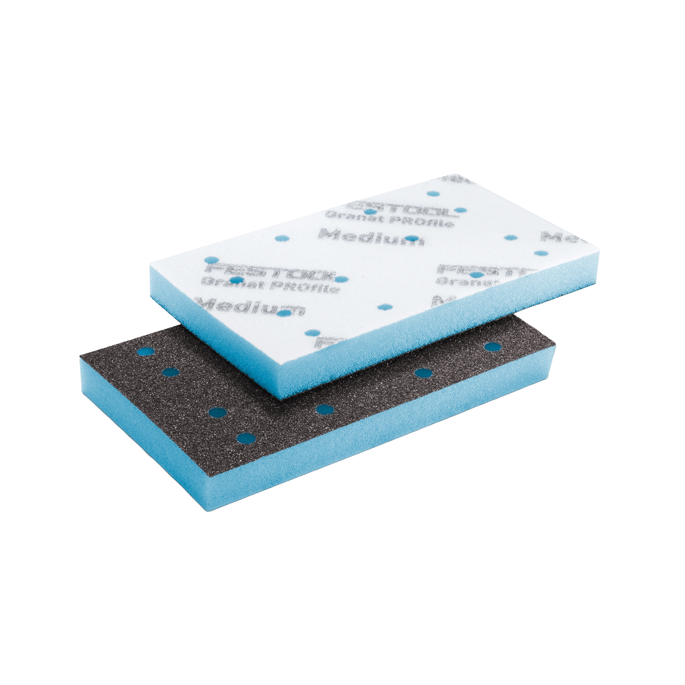 Two rectangular foam-backed abrasive pads with perforations for detailed sanding in power tool accessories collection