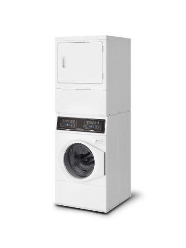 White 27" stacked front load washer-dryer combo with digital control panel for appliance laundry centers