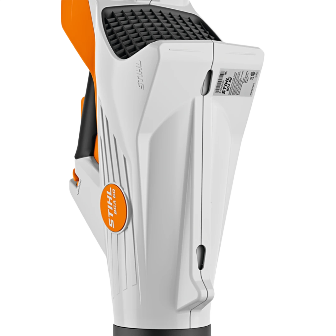 Close-up of a white and orange handheld battery blower designed for outdoor home improvement tasks and tools use