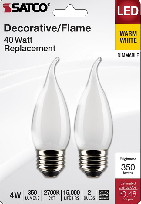 Pair of frosted flame-tip LED bulbs with medium base, warm white light, dimmable, energy-efficient in Lighting & Ceiling Fans collection