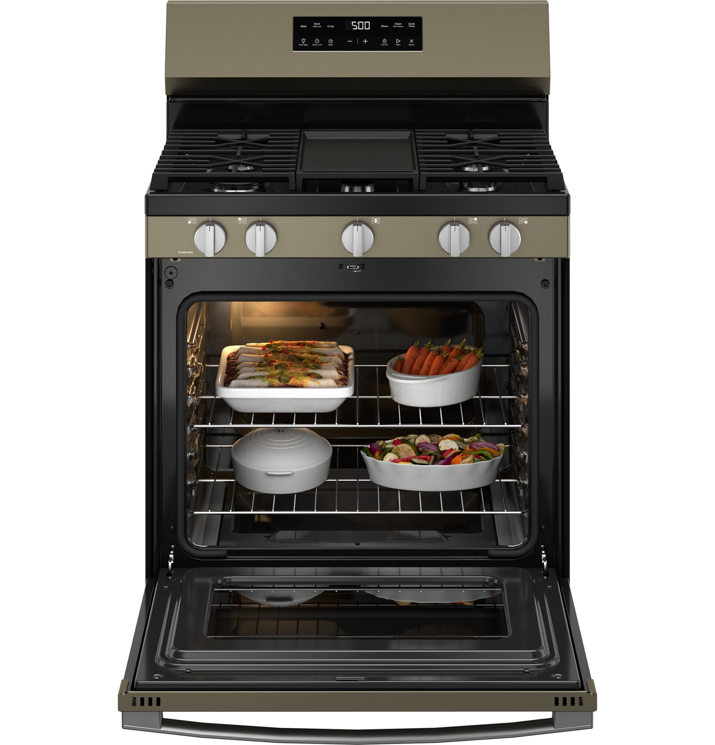 Open free-standing gas range with five burners, digital controls, and multiple dishes inside oven for kitchen appliances collection