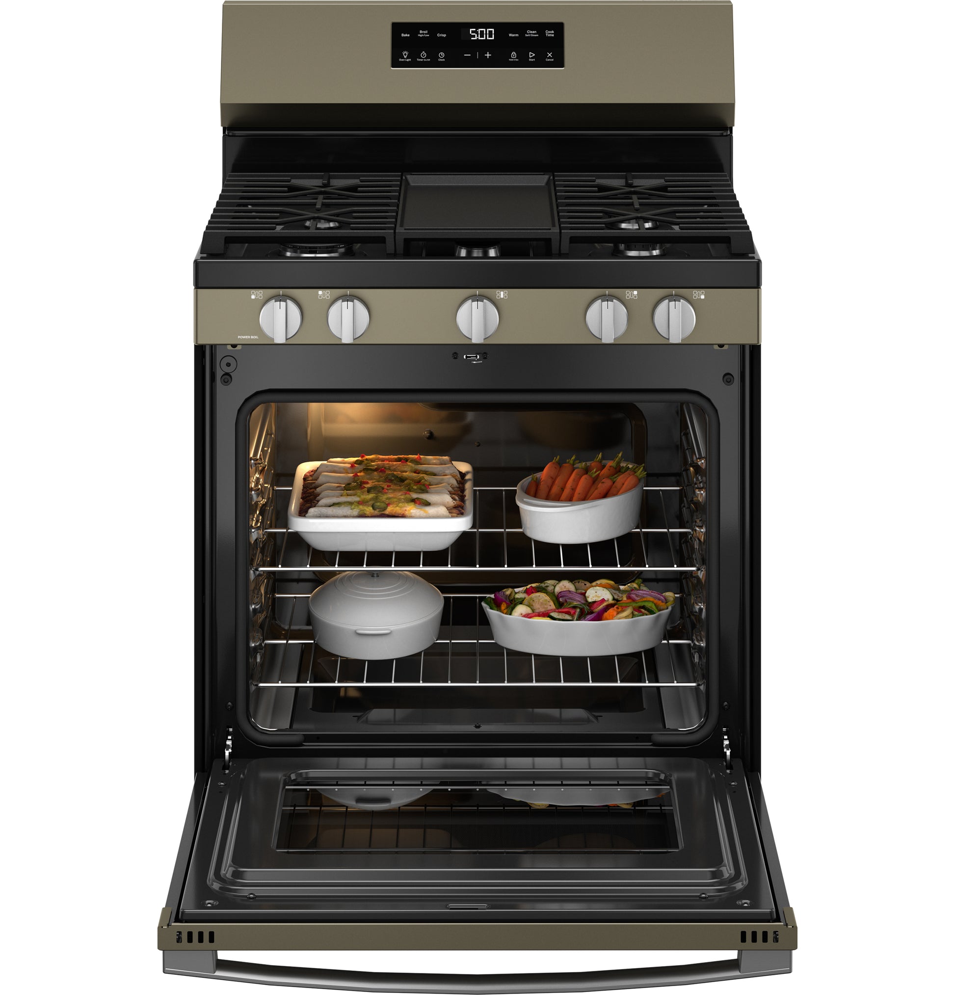 Open free-standing gas range with five burners, digital controls, and multiple dishes inside oven for kitchen appliances collection