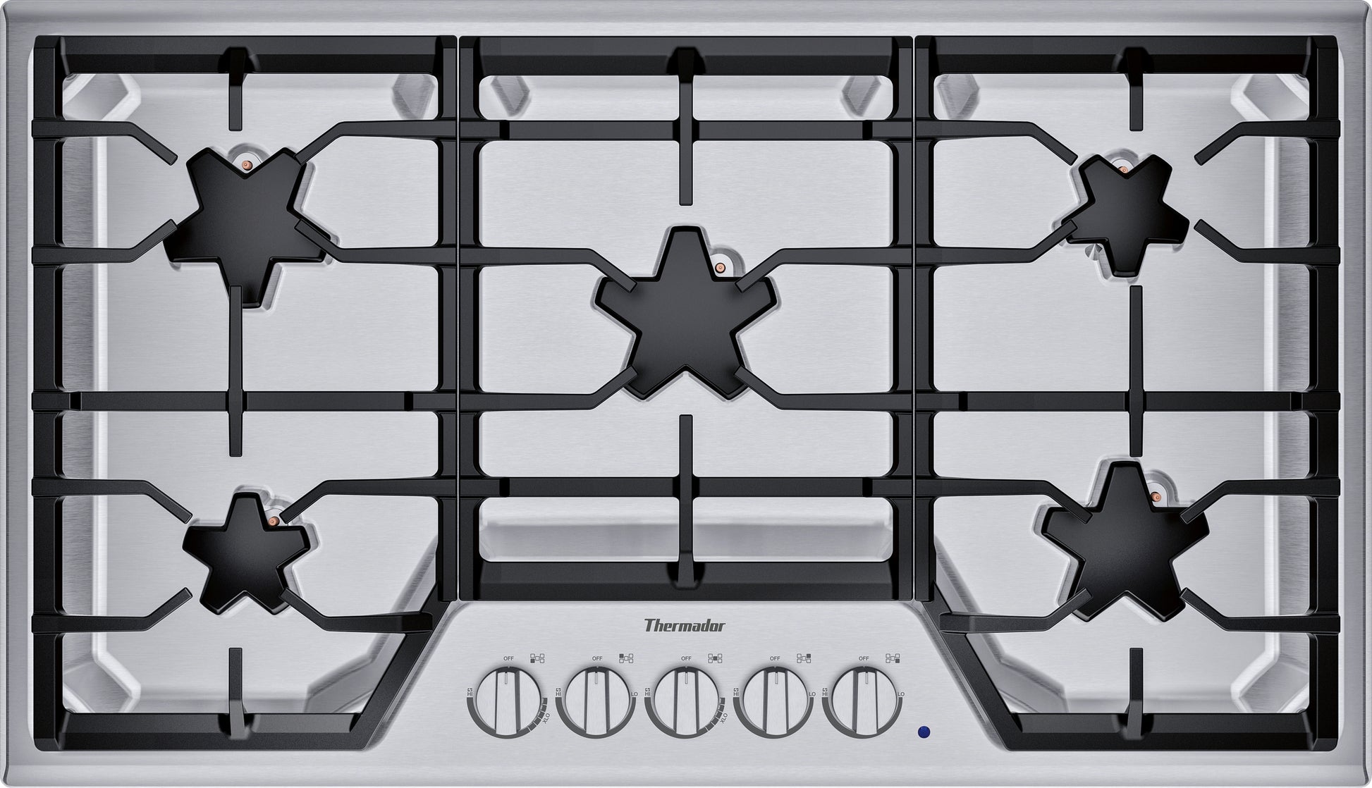 Stainless steel 36-inch gas cooktop with five burners, continuous grates, and front control knobs in kitchen appliances collection