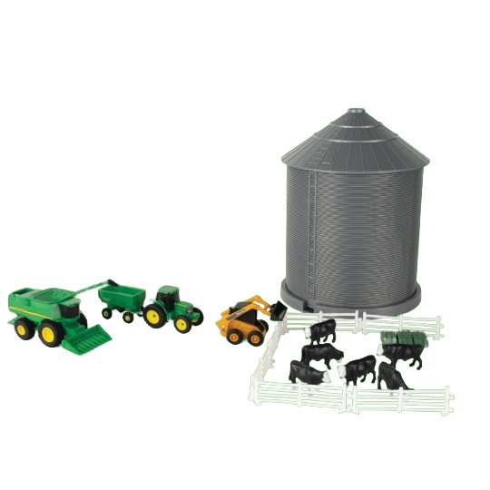 Miniature farm set with green tractors, yellow loader, fenced black cows, and gray grain bin for farm play and display
