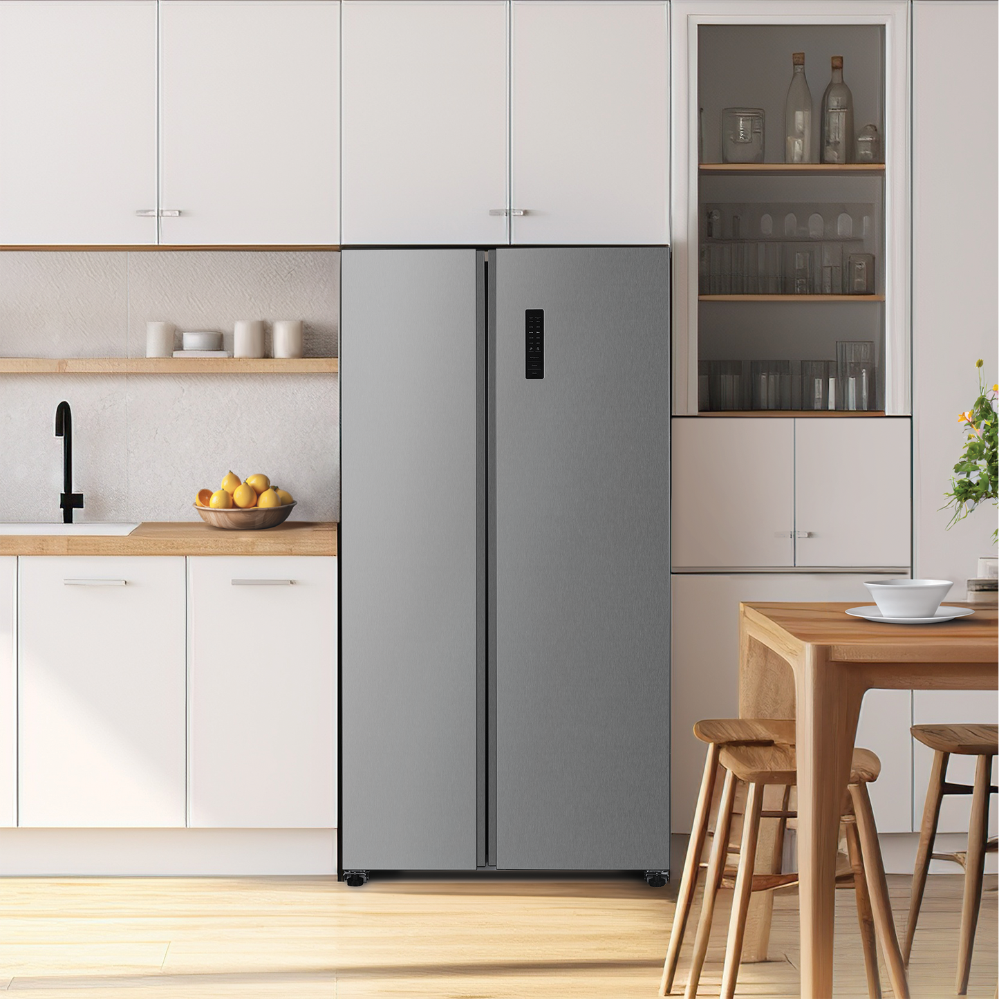Modern stainless steel side-by-side refrigerator with digital control panel and recessed handles in a bright kitchen setting, ideal for appliances and kitchenware collections.