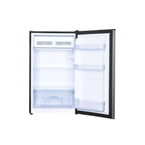 Compact black refrigerator with open door showing full-width freezer and adjustable shelving in kitchen appliances collection