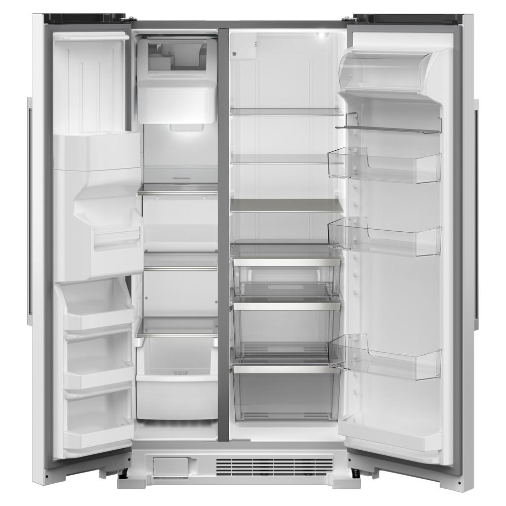 Open interior view of 36-inch side-by-side refrigerator showing adjustable frameless glass shelves and spacious door bins in Appliances collection