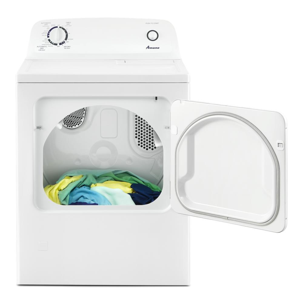 White top load gas dryer with open door, control dial, and colorful clothes inside in dryers and appliances collection