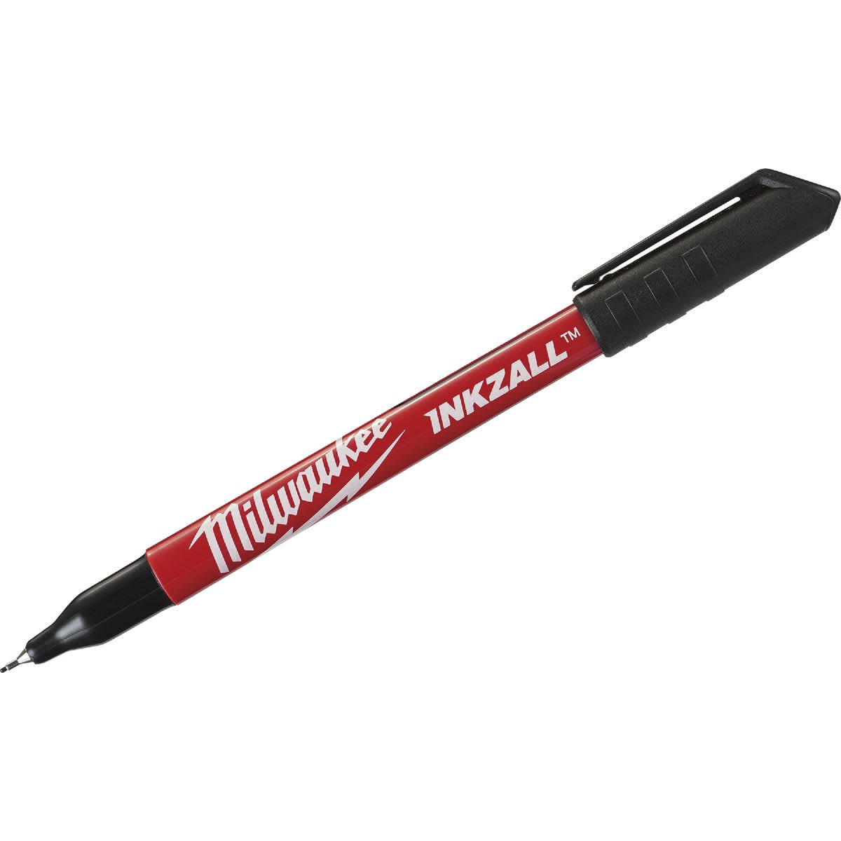 Red Milwaukee INKZALL™ ultra fine point pen with black cap for precise marking in hand tools and woodworking collections