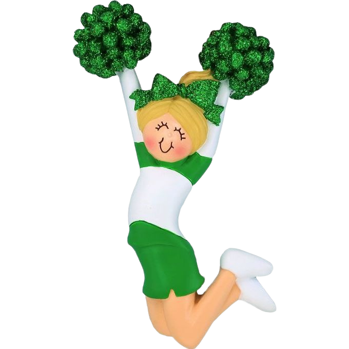 Blonde cheerleader ornament in glittery green uniform and pom-poms for Christmas Ornaments & Tree Decorations under $50 collection