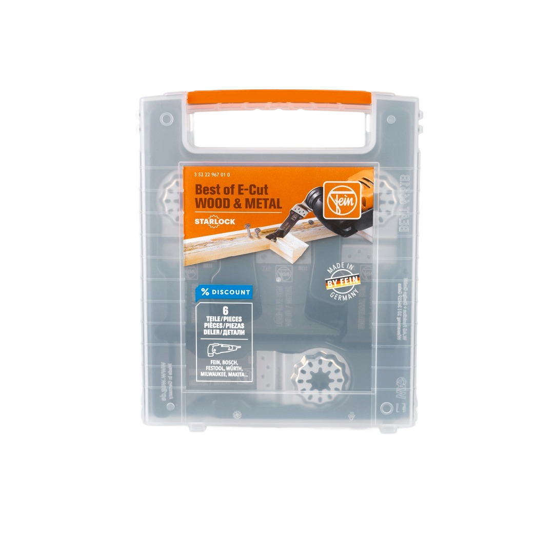 Plastic case containing six precision plunge cut saw blades for wood and metal compatible with multi-tools, part of tool accessories at Hartville Hardware.