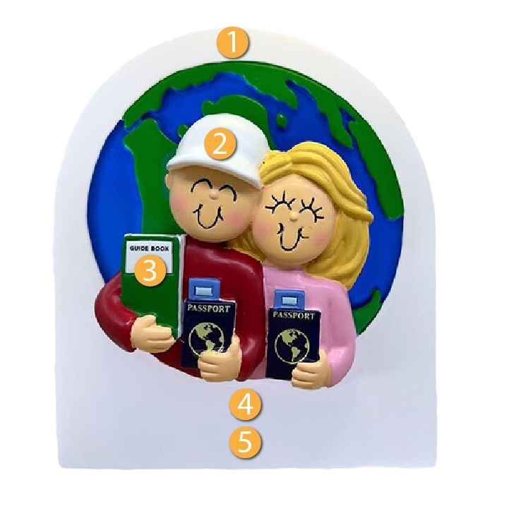 Blonde couple holding passports and travel guide in front of globe Christmas tree decoration under 50 dollars