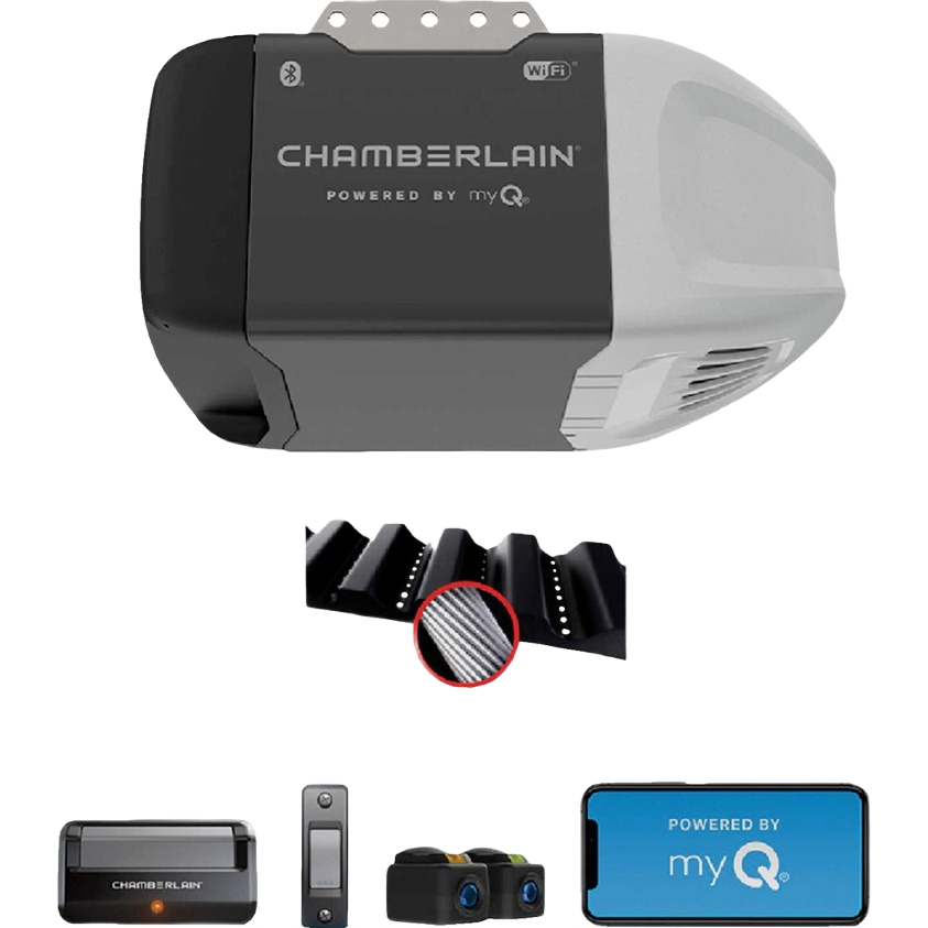 Wi-Fi enabled quiet belt drive garage door opener with remote, safety sensors, and smartphone control for home improvement tasks