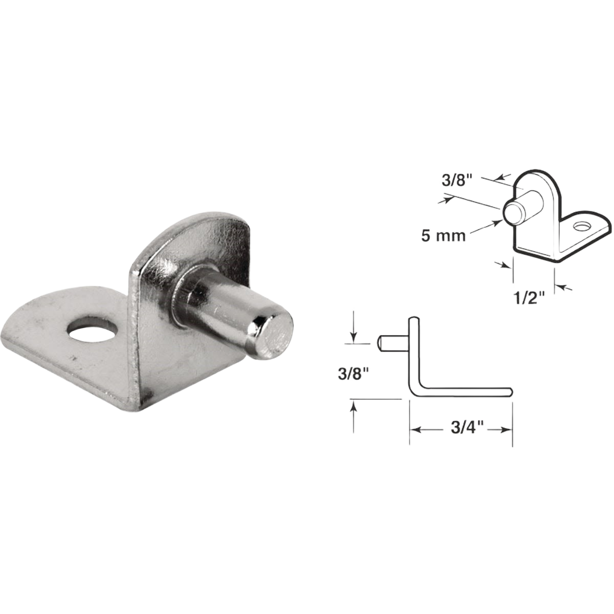 Nickel metal shelf support bracket with peg and mounting hole alongside technical installation diagrams for shelving accessories.