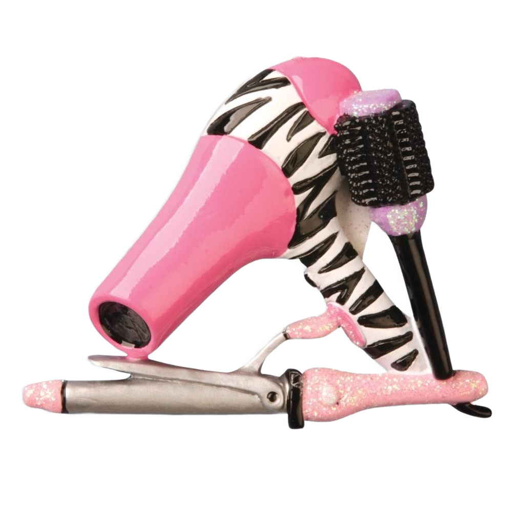 Pink blow-dryer and curling iron ornament with zebra-print accents in Christmas Ornaments & Tree Decorations collection