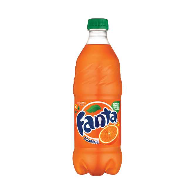 20 oz. Fanta Orange Soda bottle with green cap and bright orange label featuring orange fruit illustration