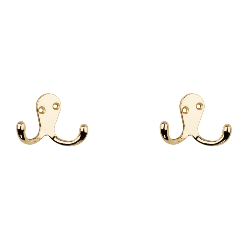 Two polished brass double hooks with heavy-duty build for closet and storage organization under $50 collection