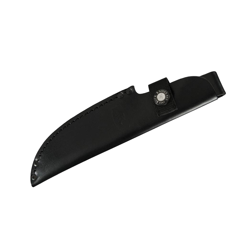 Black leather sheath with snap closure for secure knife storage in hand tools and cutting tools collections.
