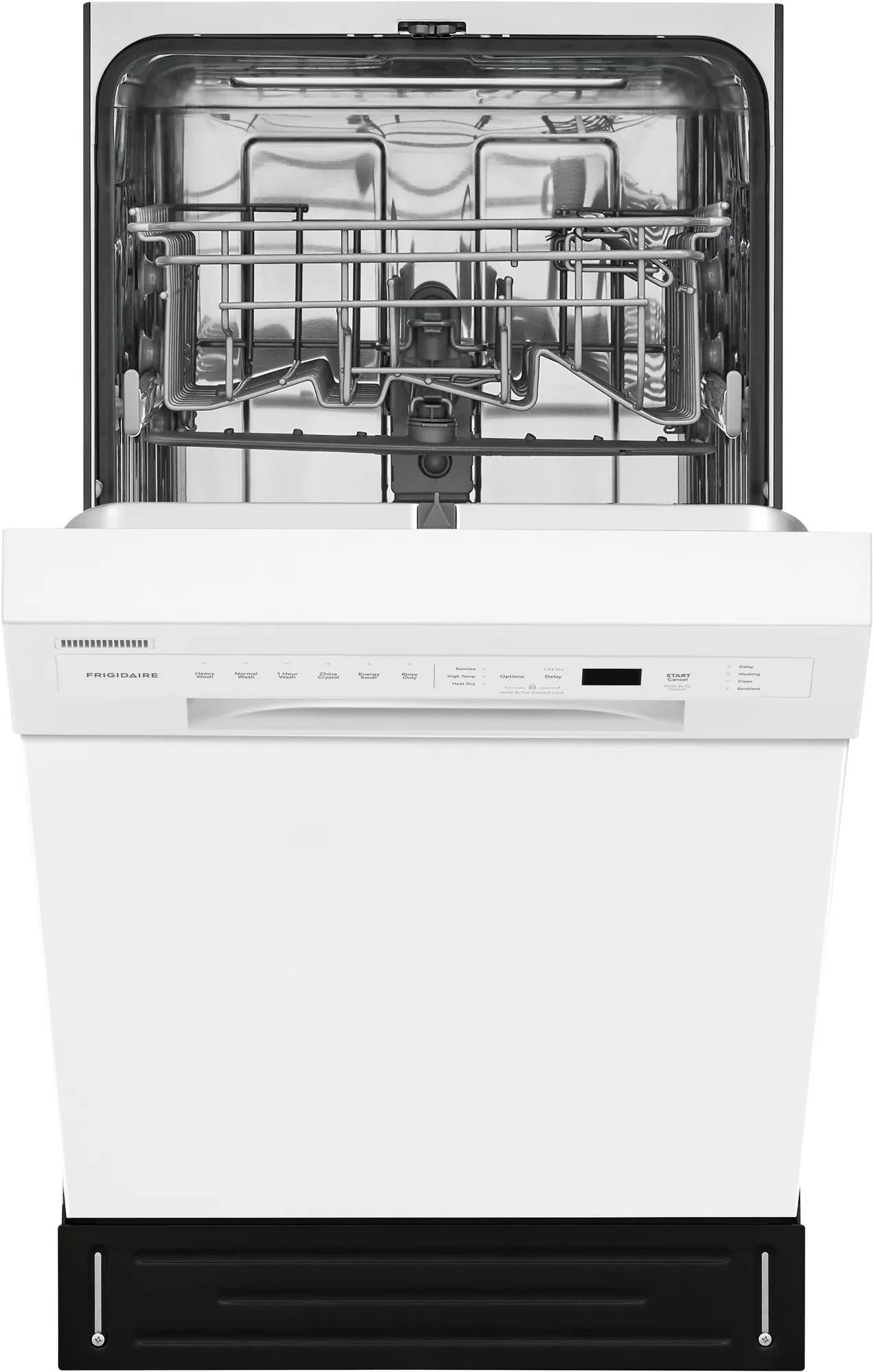 Open 18-inch white built-in dishwasher showing adjustable stainless steel racks and control panel from appliances collection