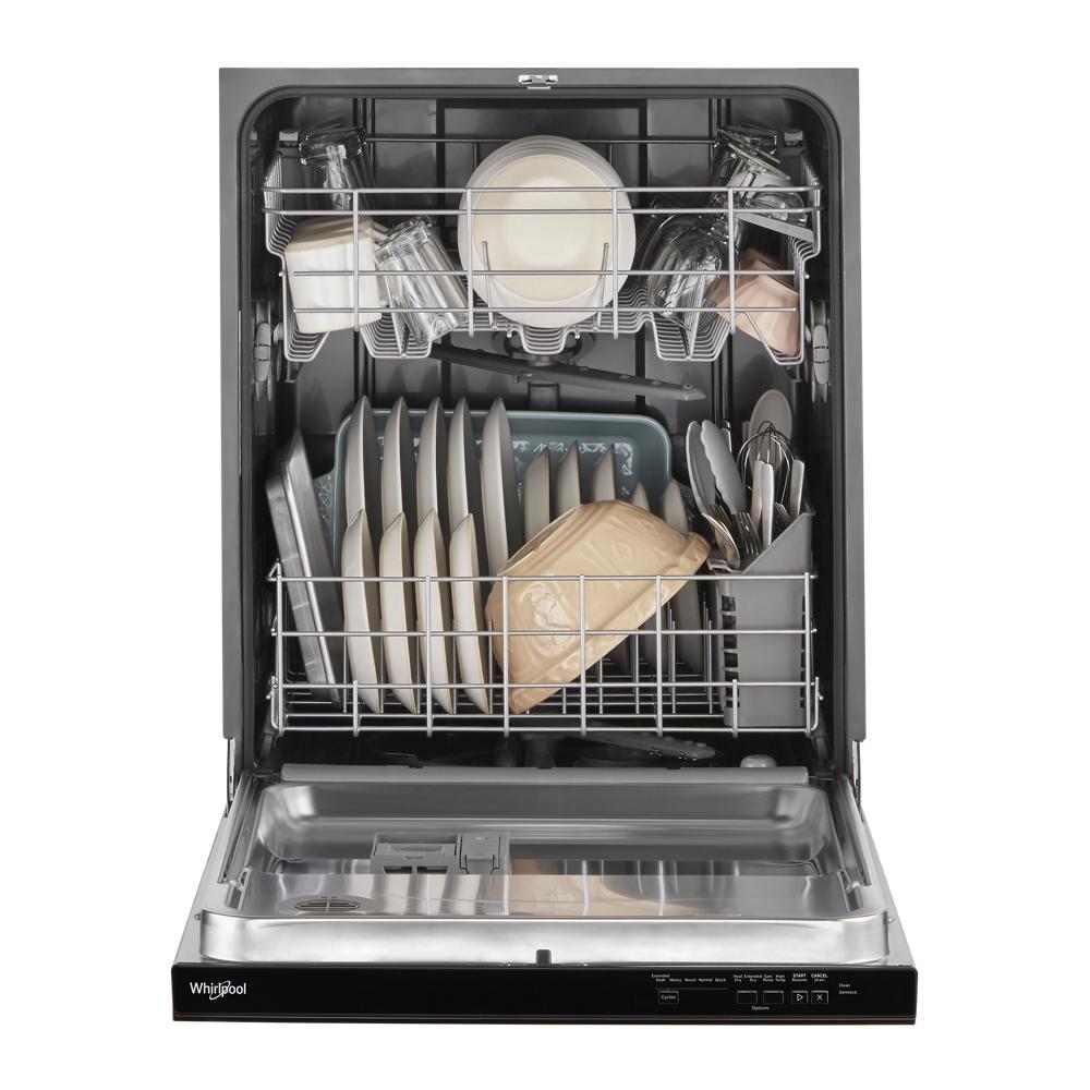 Open dishwasher with adjustable upper rack loaded with dishes and glassware in kitchen appliance collection
