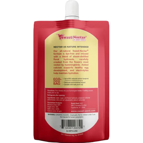 Red flexible pouch of ready-to-use hummingbird nectar with twist cap and eco-friendly packaging for outdoor feeding.