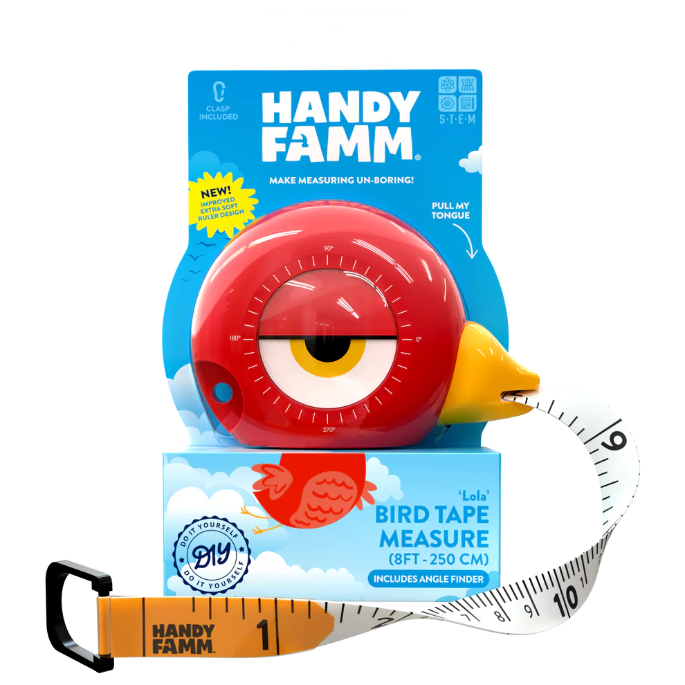 Red circular measuring tape with a yellow beak-shaped tape end and white retractable tape showing measurements