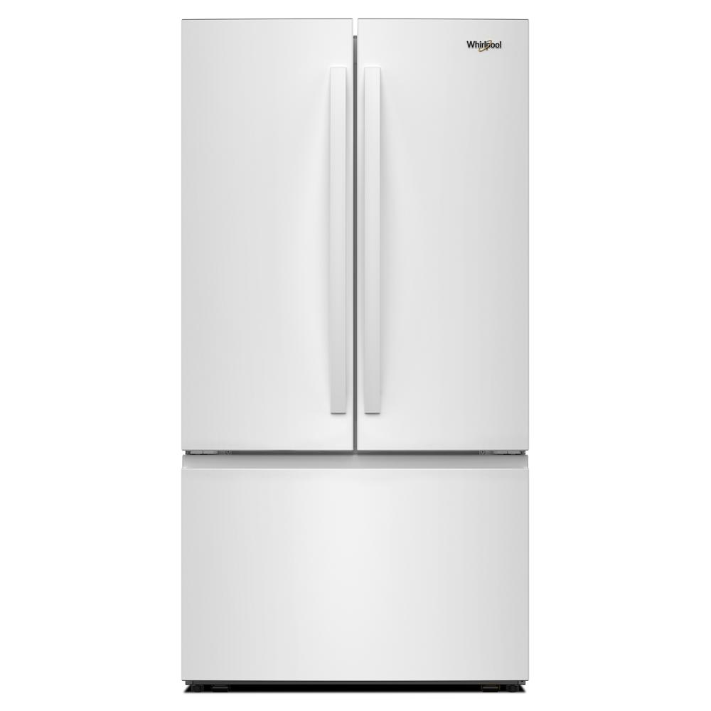 White French door refrigerator with bottom freezer drawer and vertical handles in kitchen appliance collections