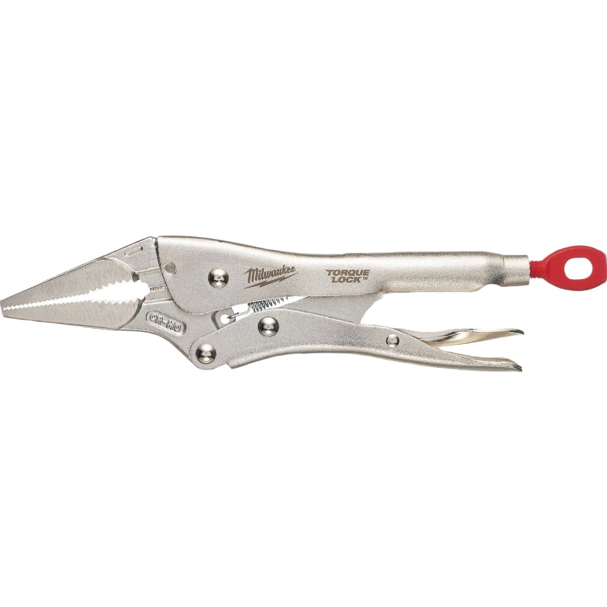 Silver long nose locking pliers with red loop handle for gripping and clamping in home improvement tasks