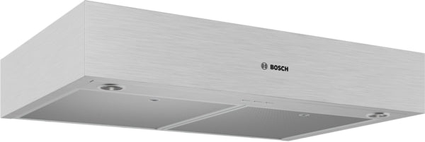Brushed stainless steel undercabinet range hood with LED lighting and mesh filters in kitchen appliances collection