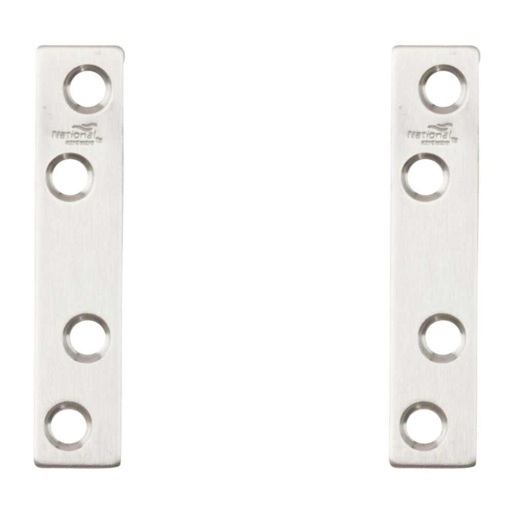 Two stainless steel mending braces with multiple holes for panel reinforcement in building hardware under $50 collection